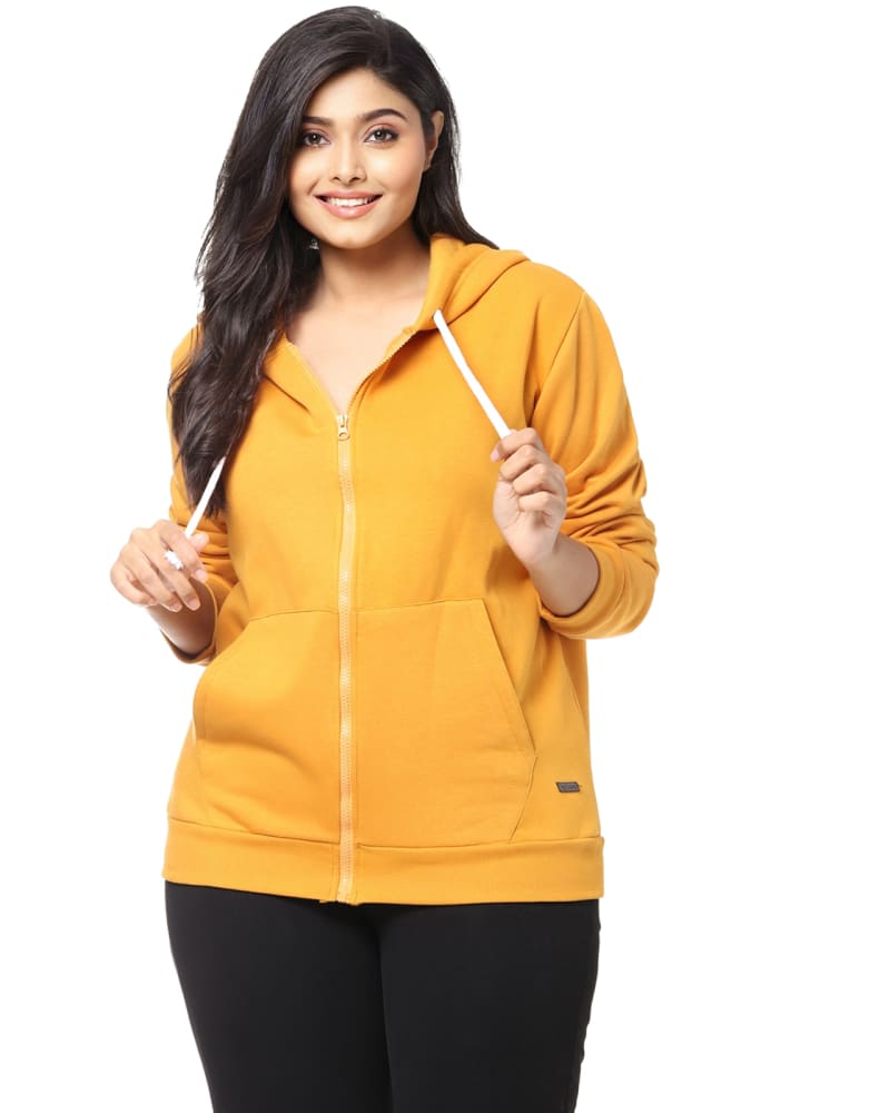 Front of a model wearing a size 6XL Solid Hooded Sweatshirt- With Zipper in Yellow by Instafab Plus. | dia_product_style_image_id:258193